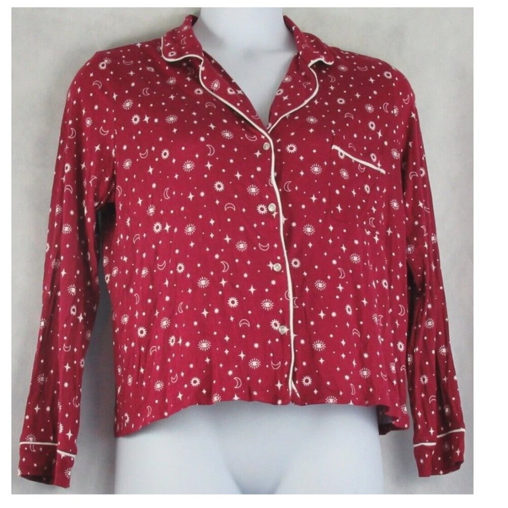 Jenni Women's Soft Knit Rayon Button-Front Pajama Top, Red Sun and Moon, Large
